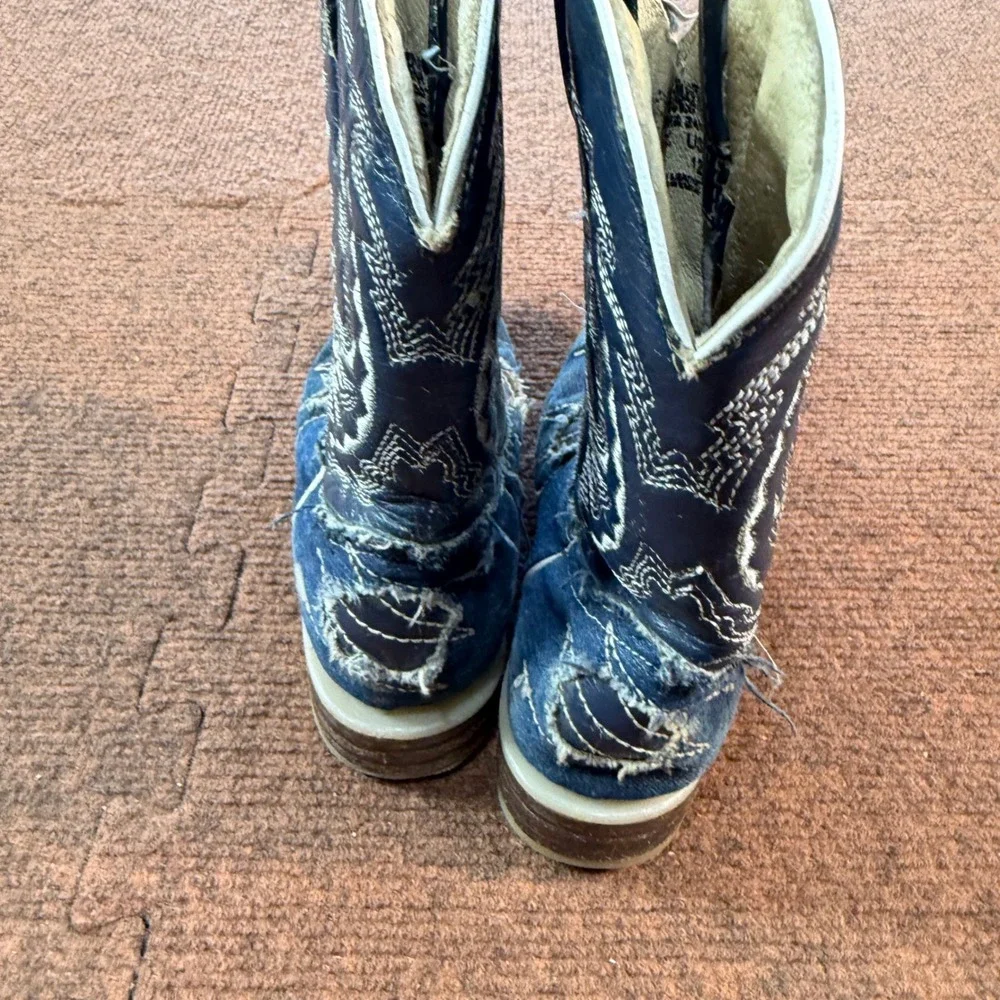 Old West Kids Distressed Blue Denim Cowboy Boots Pointed Toe Western Size 12 C+